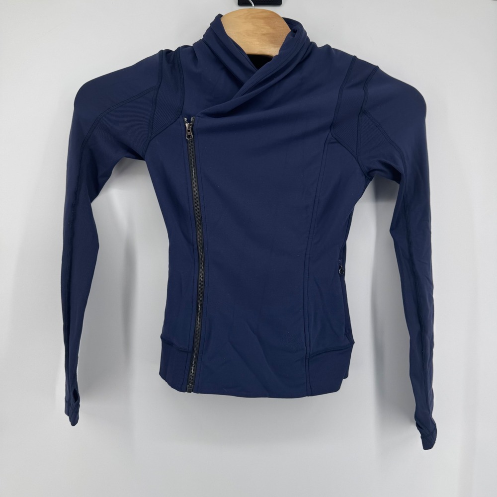 Lululemon Women 4 Bhakti Yoga Wrap Jacket Navy Zip Shawl Collar Thumbholes - Picture 2 of 8